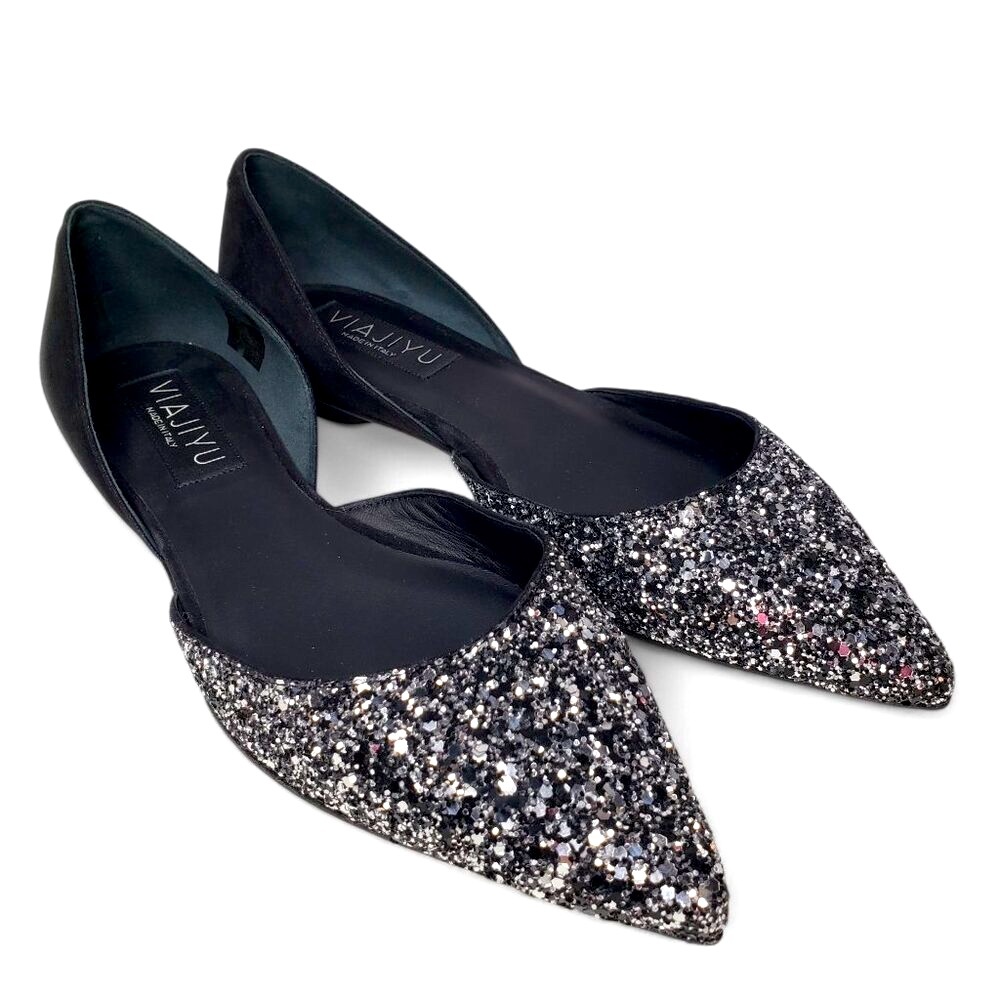 Viajiyu Metallic Glitter Flats Women's Pointed Toe Open Side Italian Evening 6.5